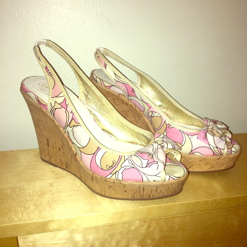 Coach Pink and Gold Wedge Sandals